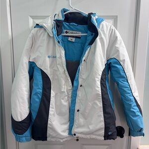 Columbia Jacket Women's Medium White Blue Outdoor Waterproof Breathable Hooded